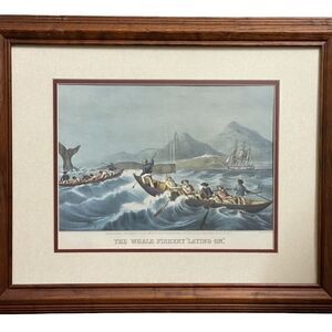 The Whale Fishery “Laying On”1852 Framed & Matted Lithograph Print by N. Currier